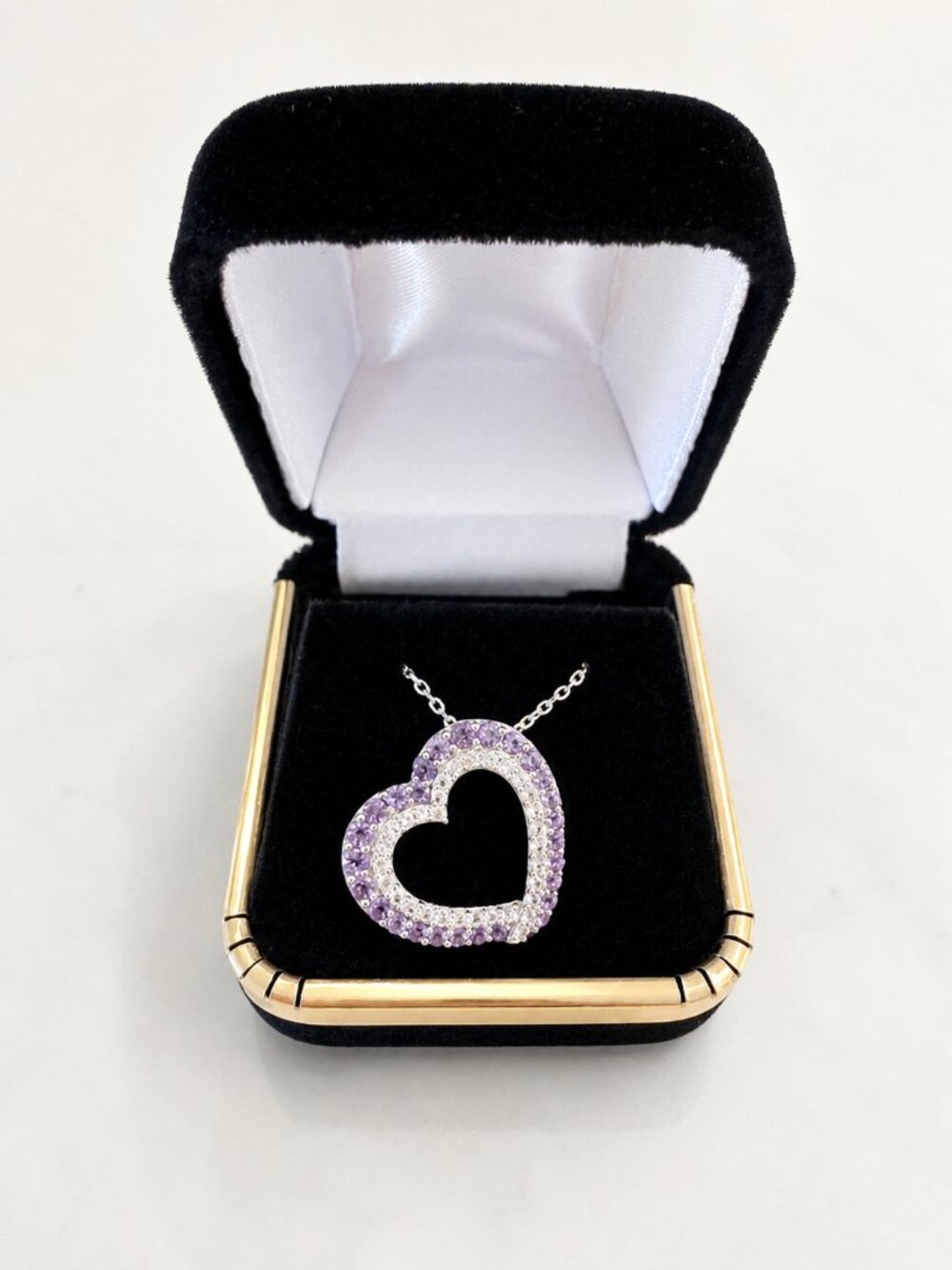 Amethyst & White Lab-Grown Sapphire Tilted Heart Necklace Sterling Silver 18"